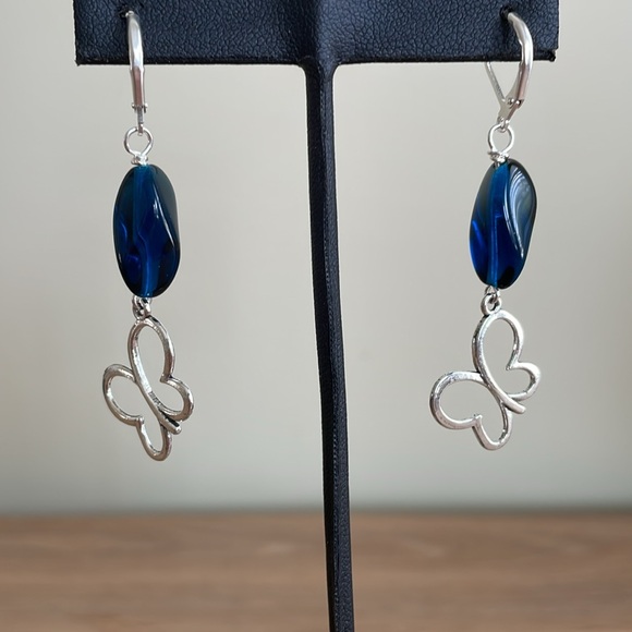 HAND CRAFTED BUTTERFLY EARRINGS, Blue and Silver - Picture 6 of 12